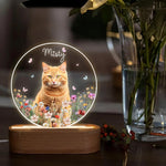lampe nuit transparente chat orange fleurs papillons texte Misty moderne personnalisable base bois