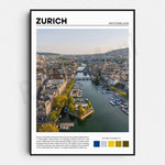Vue aérienne de Zurich, la ville suisse, avec sa vieille ville historique, ses bâtiments modernes et son réseau fluvial.