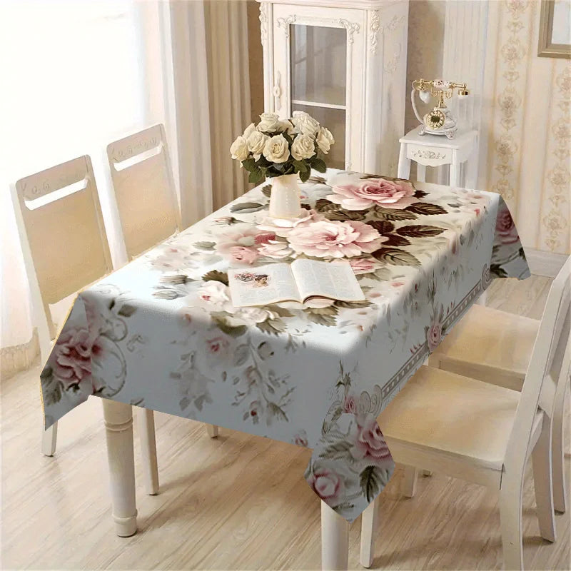 nappe table fleurs roses feuilles vertes blanc classique réutilisable polyester maison printemps