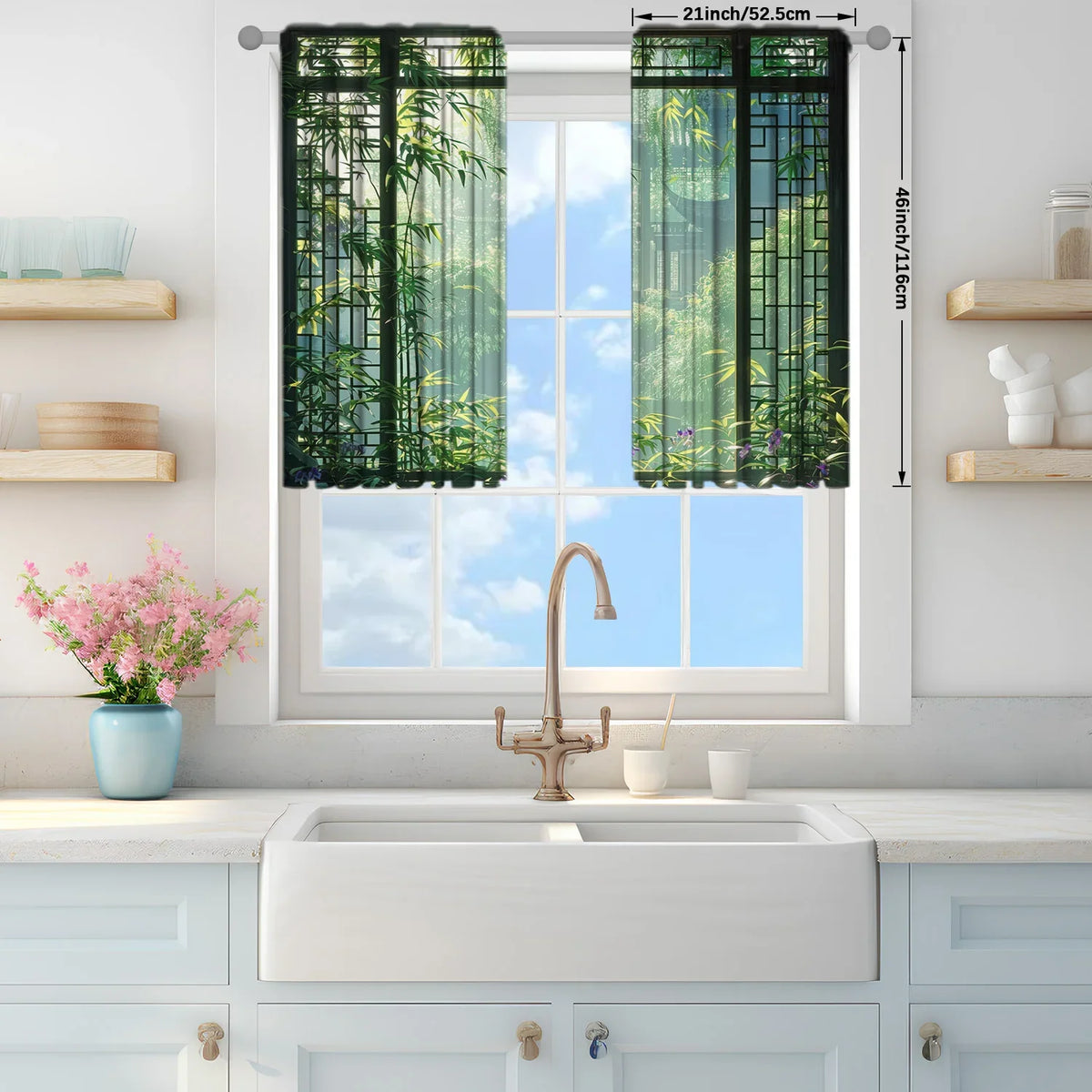 rideaux vert noir bambous semi transparent moderne oriental anneaux métalliques deux pièces polyester