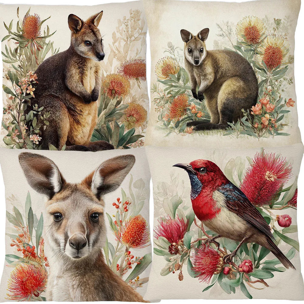 coussin carré décoratif beige motif kangourou oiseau vintage housse textile textile imprimé