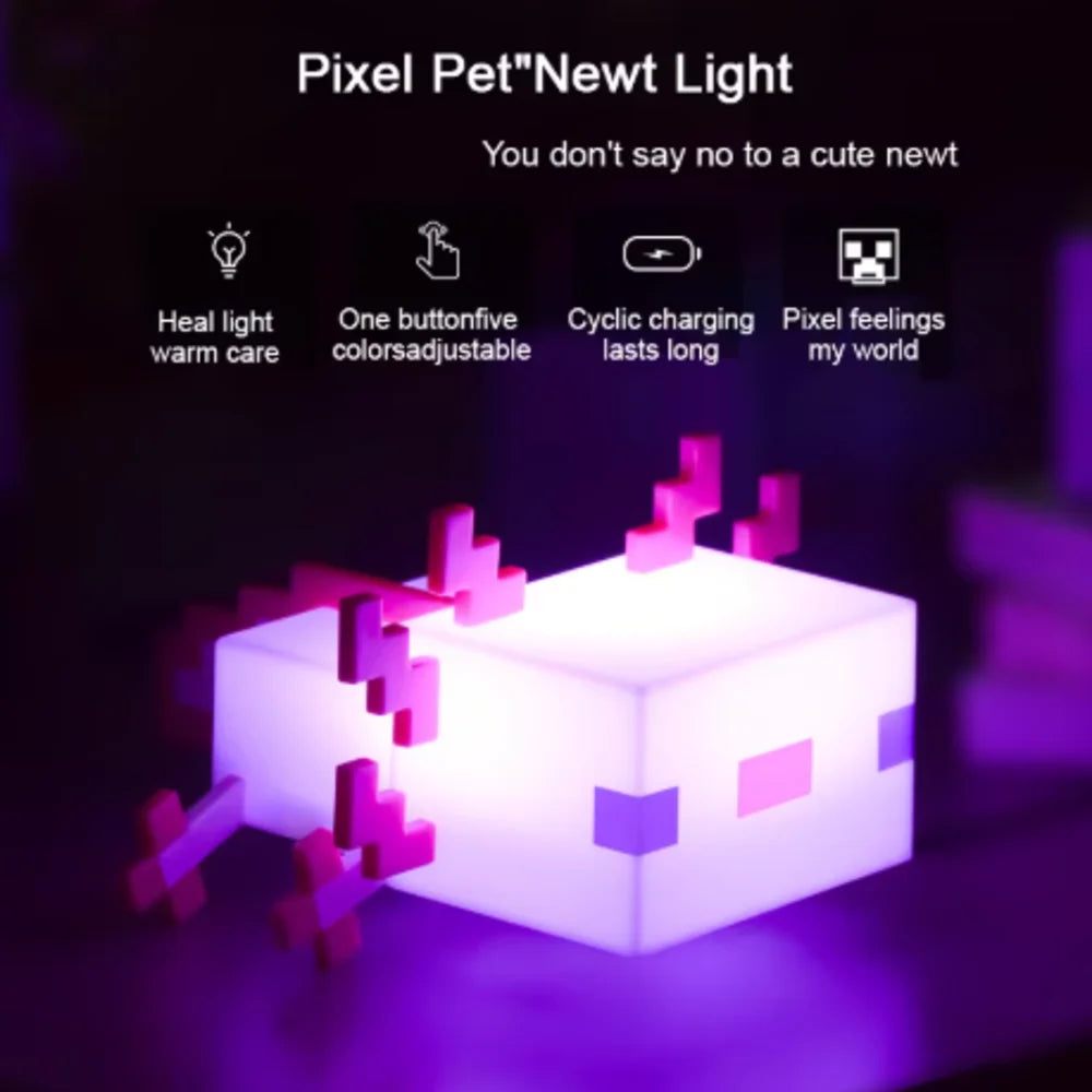 lampe nuit pixel art salamandre blanc rose violet câble usb