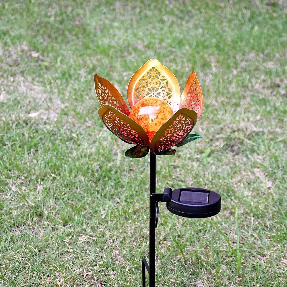 lampe solaire décorative fleurs stylisées orange doré moderne cristaux led autoinstallation patio