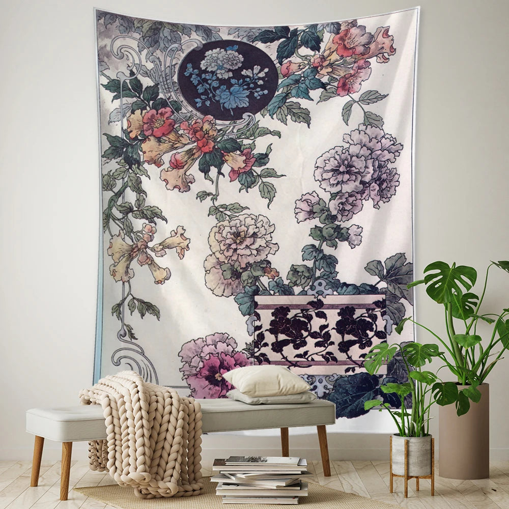 Détail du motif floral et champignon sur tapisserie murale style minimaliste
