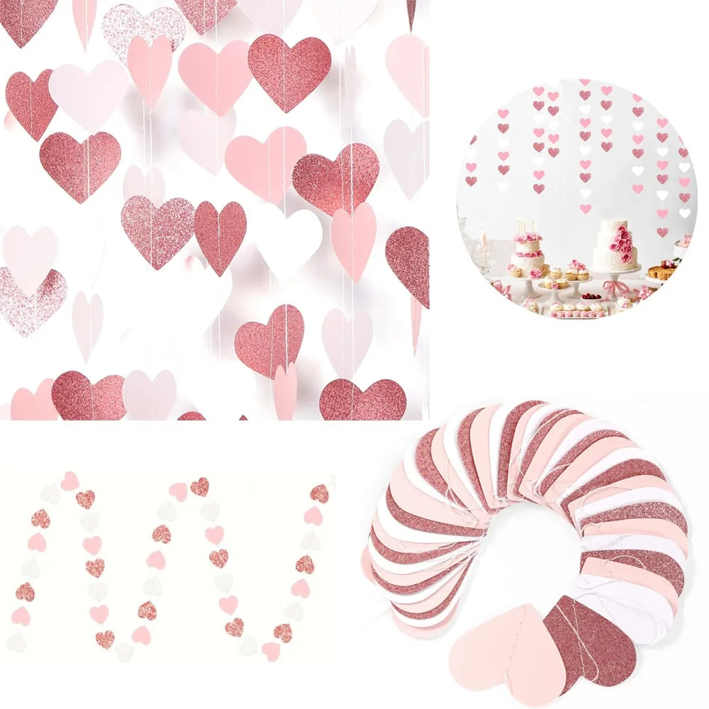 guirlande coeurs blanc rose pailleté mariage fiançailles décoration saint valentin festive papier