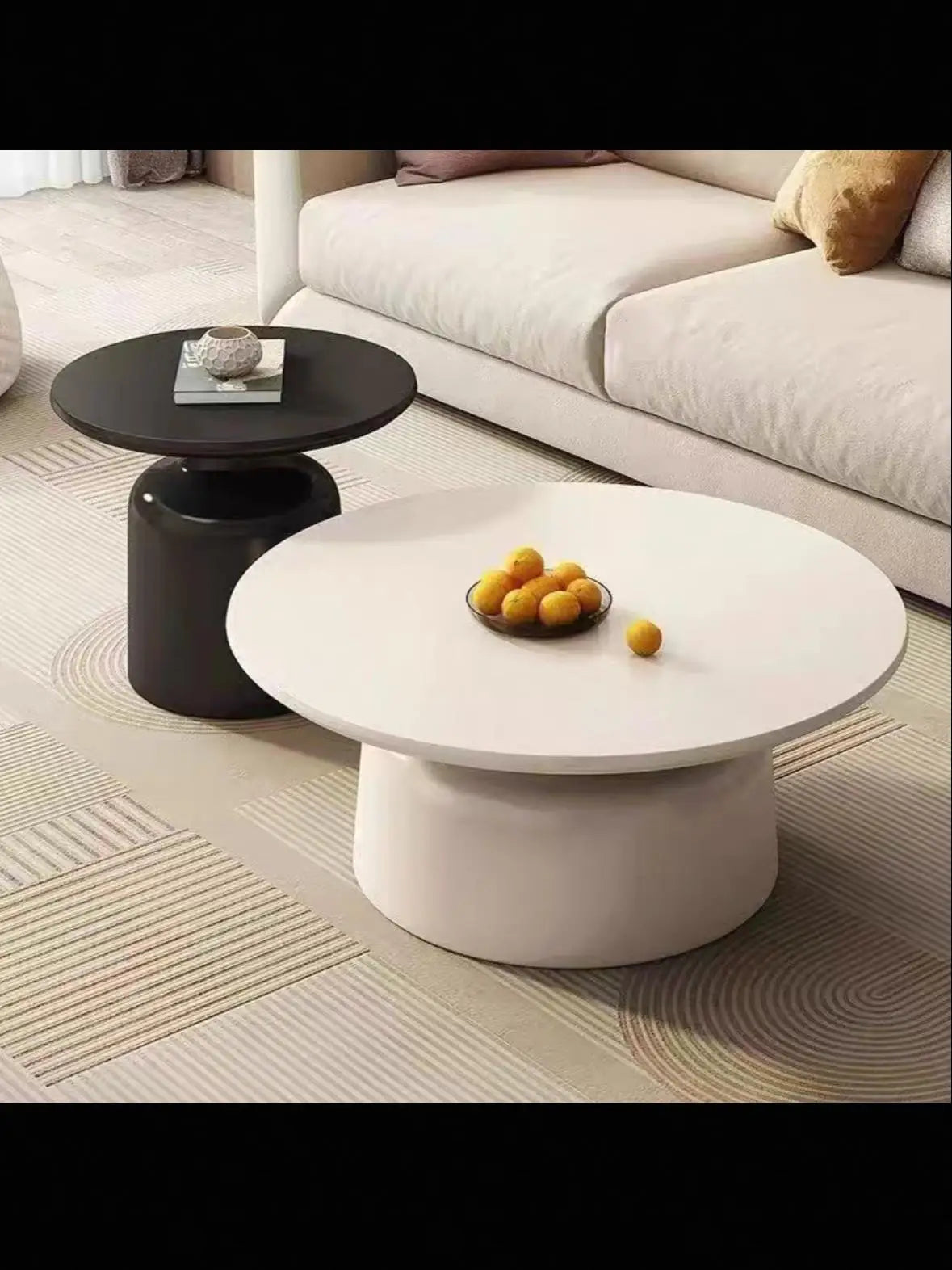 table basse moderne bois rondes finition pierre blanc noir salon chambre