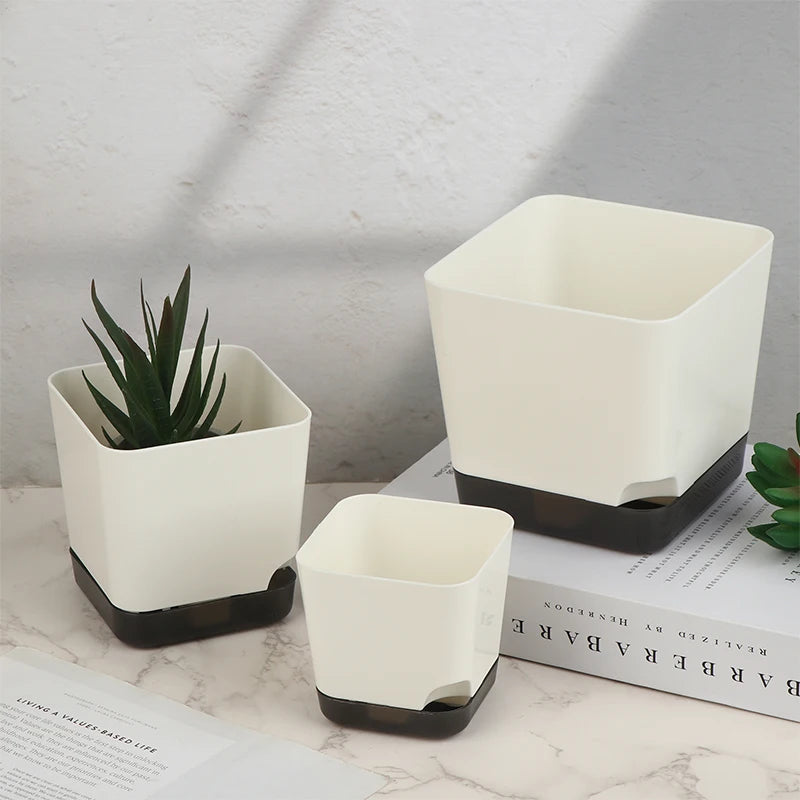 pots fleurs auto arrosants blanc noir minimaliste plusieurs tailles jardinière drainage soucoupe transparente plantes