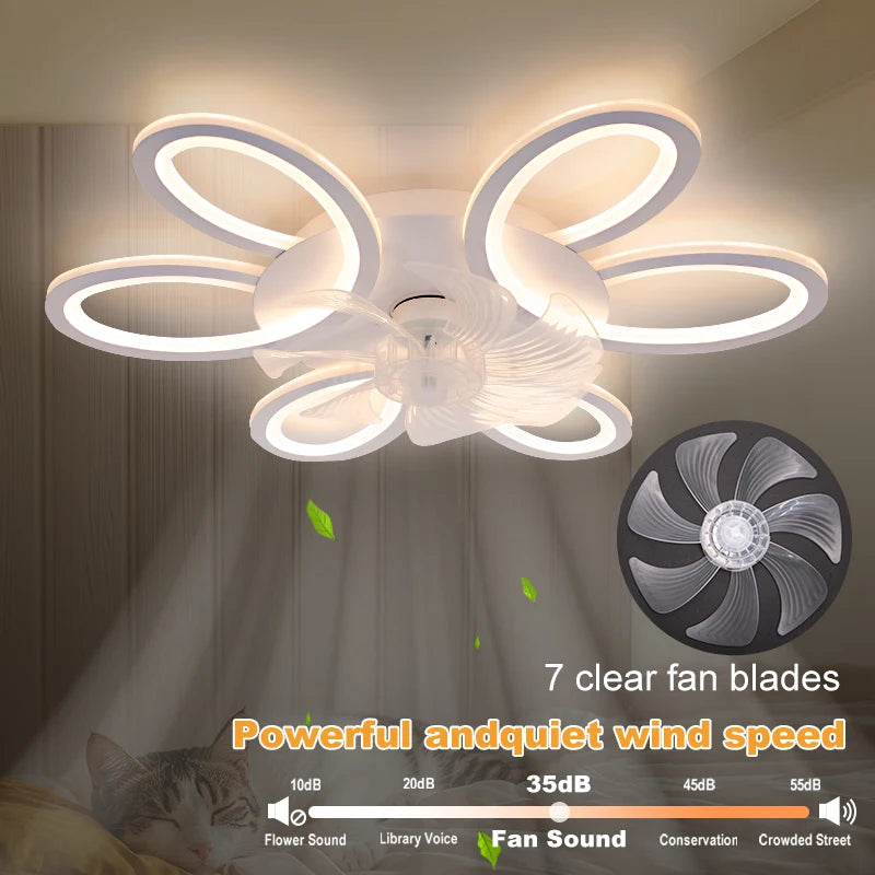 ventilateur plafonnier led blanc floral moderne télécommande app mobile vitesses lumière réglable