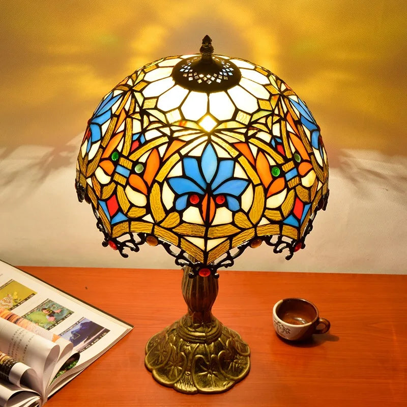lampe table tiffany multicolore floral vitrail traditionnelle interrupteur poussoirOpaque base solide chambre salon