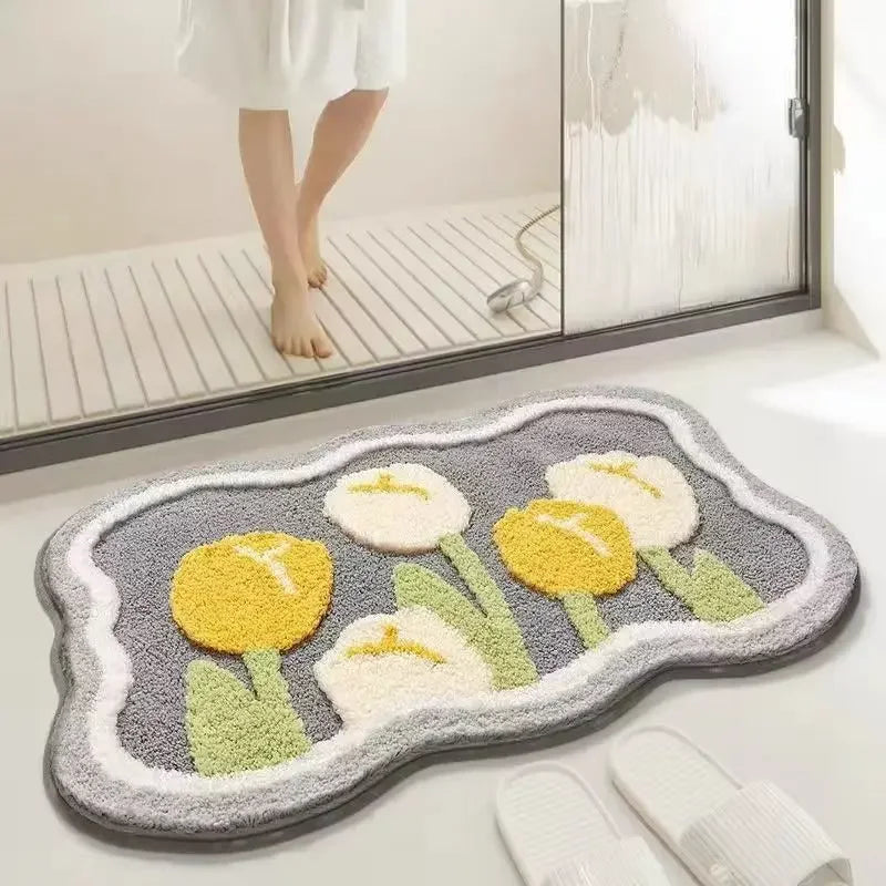 tapis bain moderne fleurs stylisées résistant décoloration gris jaune blanc vert polyester