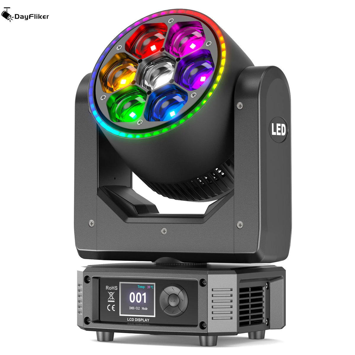 projecteur led rotatif noir effets lumineux dmx scènes professionnelles dj multiple couleurs lcd.controls