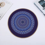 tapis table rond mandala boho chic bleu marine beige tissé imperméable résistant chaleur