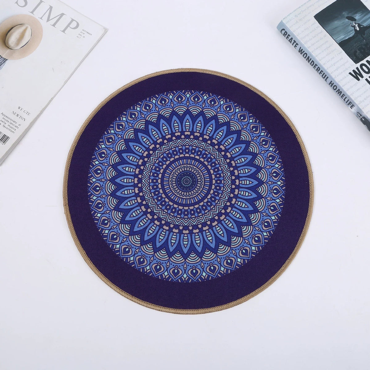 tapis table rond mandala boho chic bleu marine beige tissé imperméable résistant chaleur