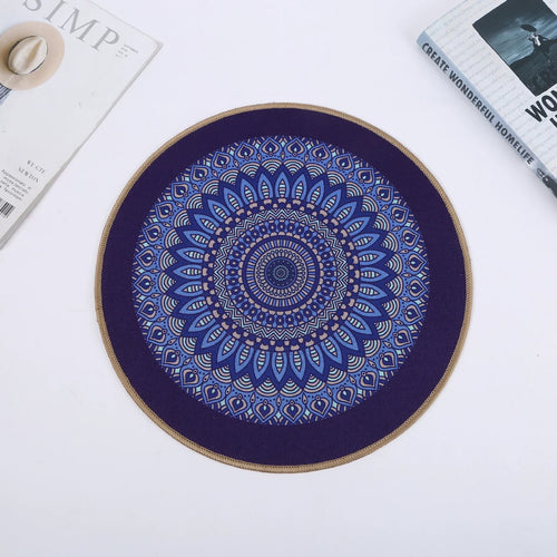tapis table rond mandala boho chic bleu marine beige tissé imperméable résistant chaleur