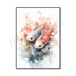 Deux poissons rouges nageant parmi les fleurs et les plantes aquatiques.