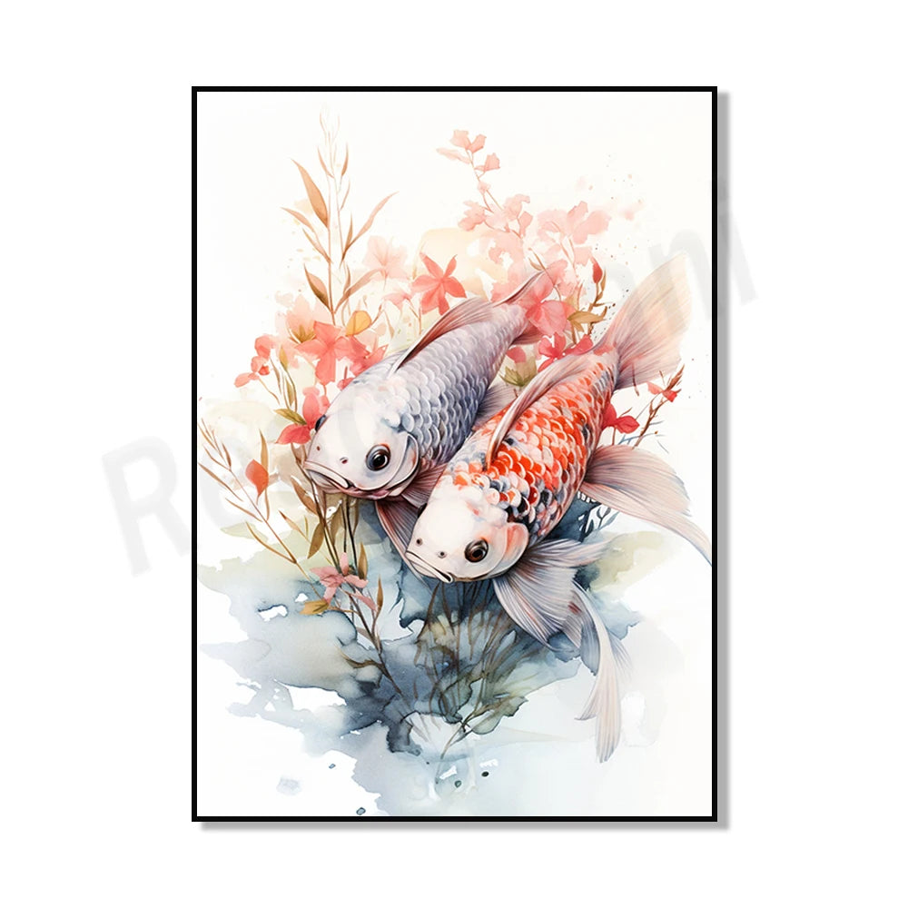 Deux poissons rouges nageant parmi les fleurs et les plantes aquatiques.