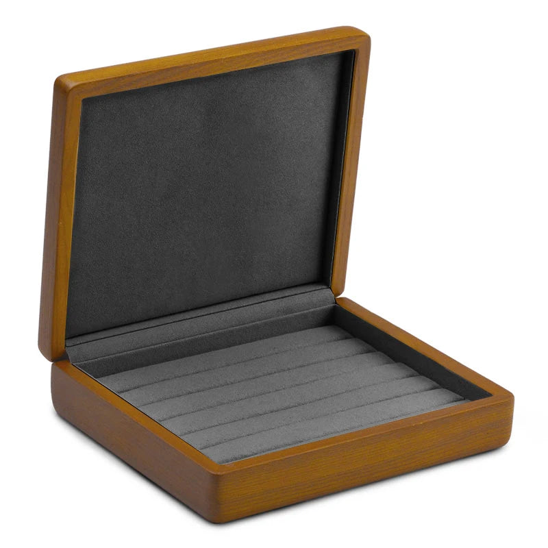boîte bijoux bois marron clair classique rangement anneaux simili cuir 16x18cm