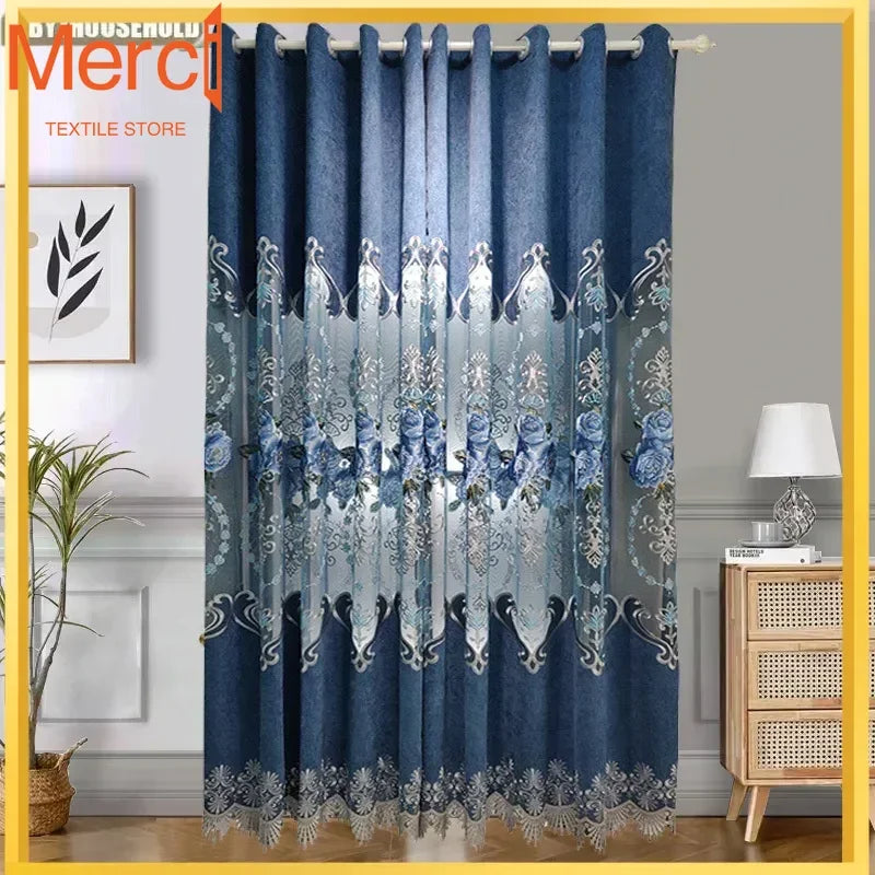 rideau bleu gris fleurs broderie dorée motif classique élégant translucide fenêtre salon chambre maison