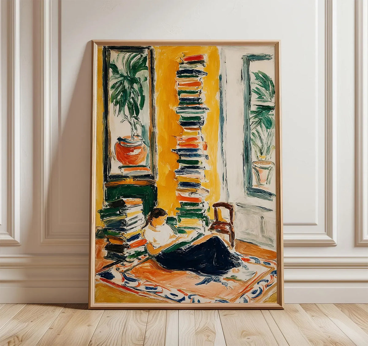 tableau moderne expressionniste abstrait jaune vert noir peinture intérieure décoration maison personnage livres plante