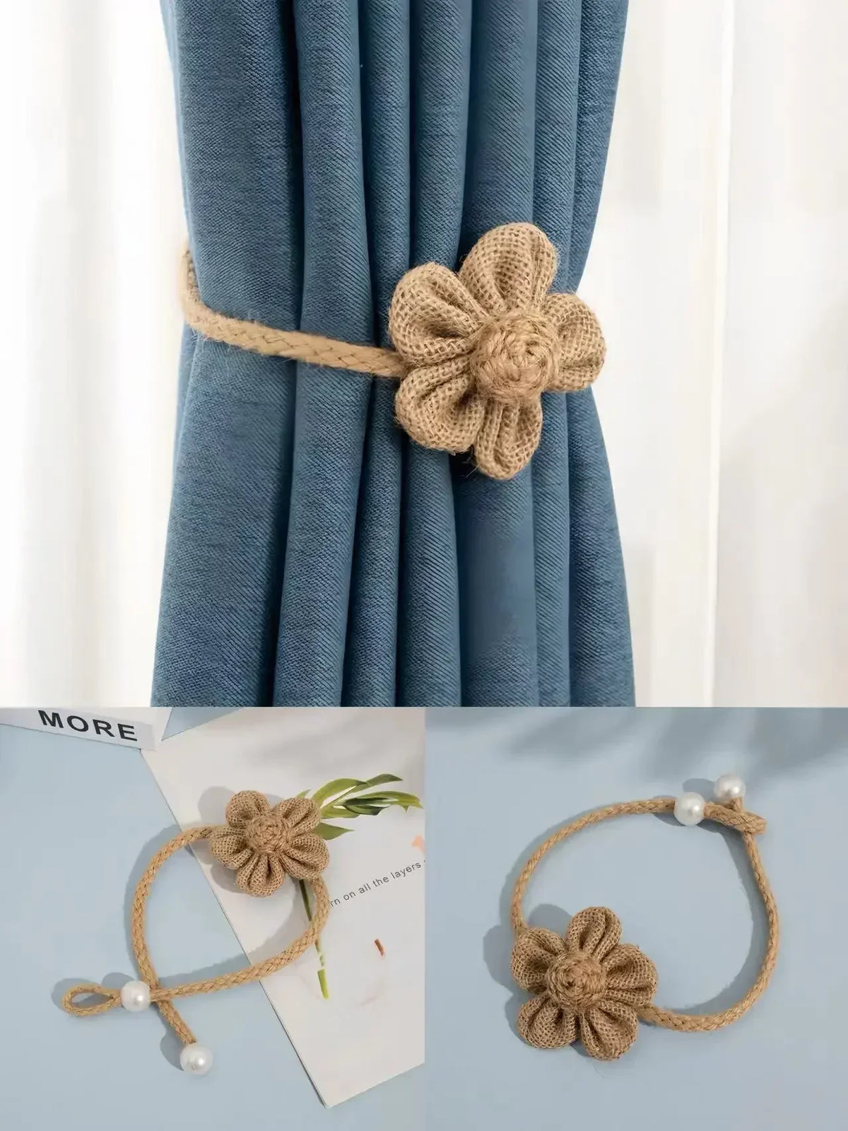 bracelets rideau crochetés fleur rustiques accessoires fenêtres beige clair foncé horizontal