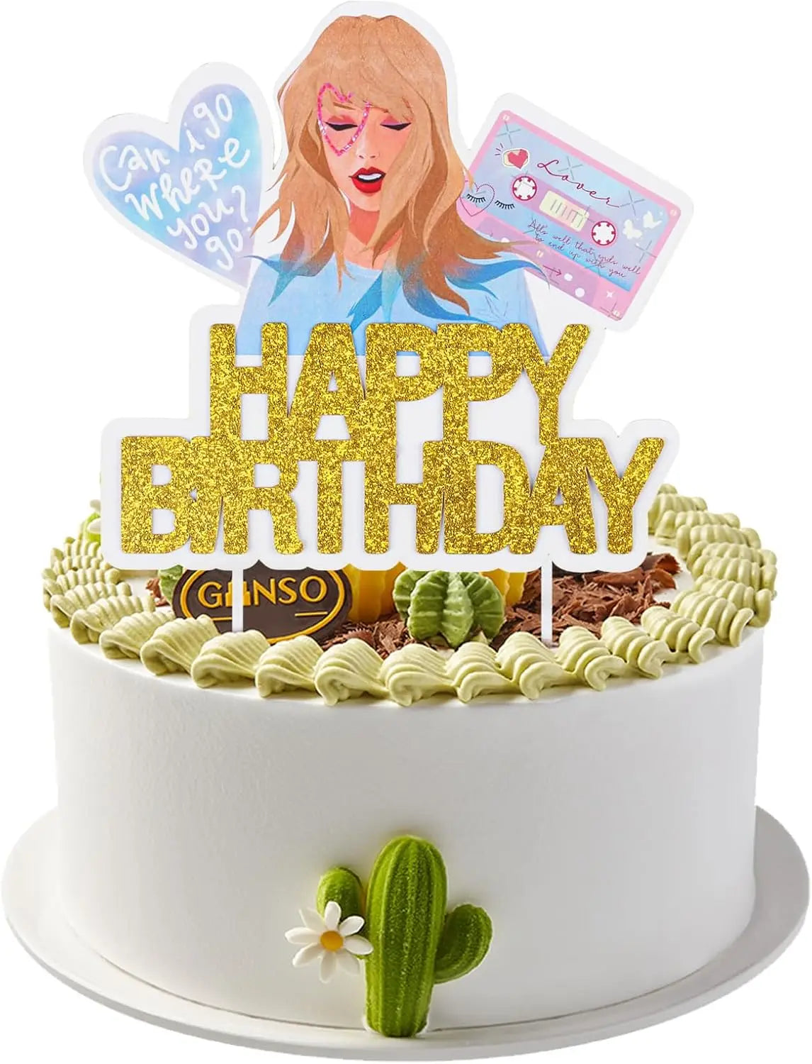 décoration gâteau or bleu rose happy birthday cactus moderne festif piquets anniversaire mariage baptême