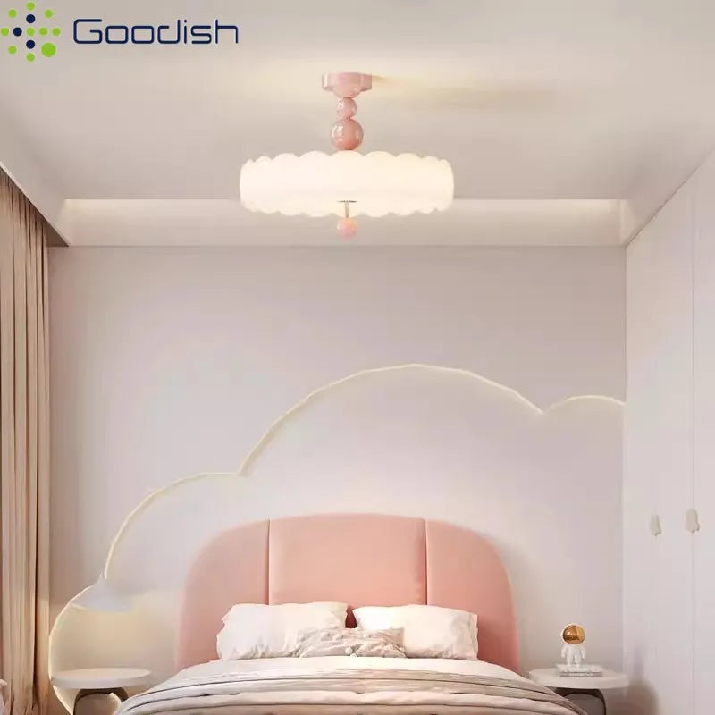 lampe suspendue moderne minimaliste fer acrylique blanc rose pâle texture nuage brillante télécommande led