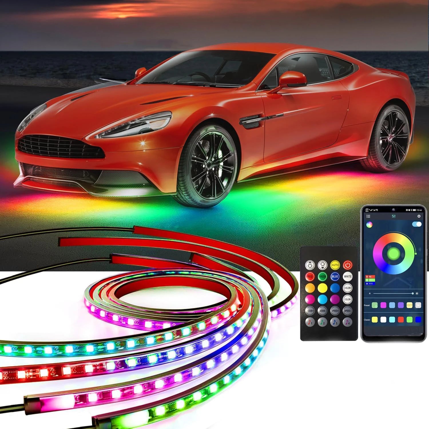 Bande LED néon 4-en-1 pour voiture avec contrôle APP installée sous un véhicule