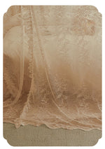 Un élégant rideau en dentelle fine aux motifs floraux raffinés, créant une ambiance romantique et feutrée dans la pièce.