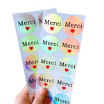 autocollants rétro bleu vert rose blanc coeurs thank you merci gracias vintage holographique papier