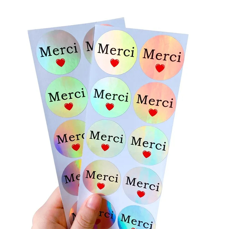 autocollants rétro bleu vert rose blanc coeurs thank you merci gracias vintage holographique papier