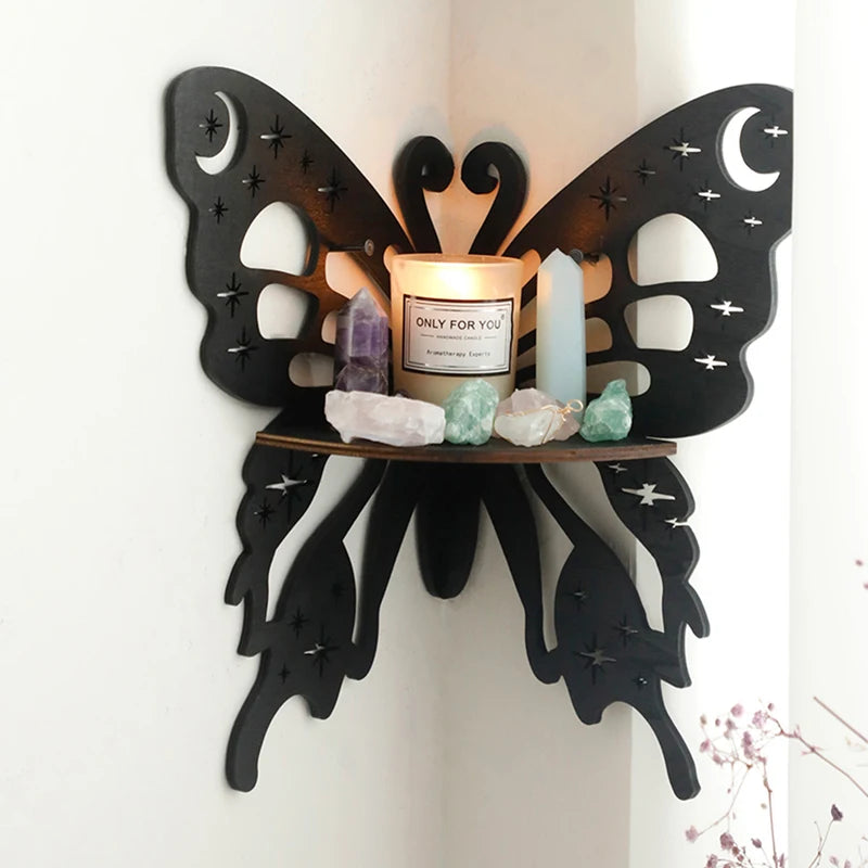 étagère murale papillon noir lunes étoiles moderne succulente bougie cristaux bois