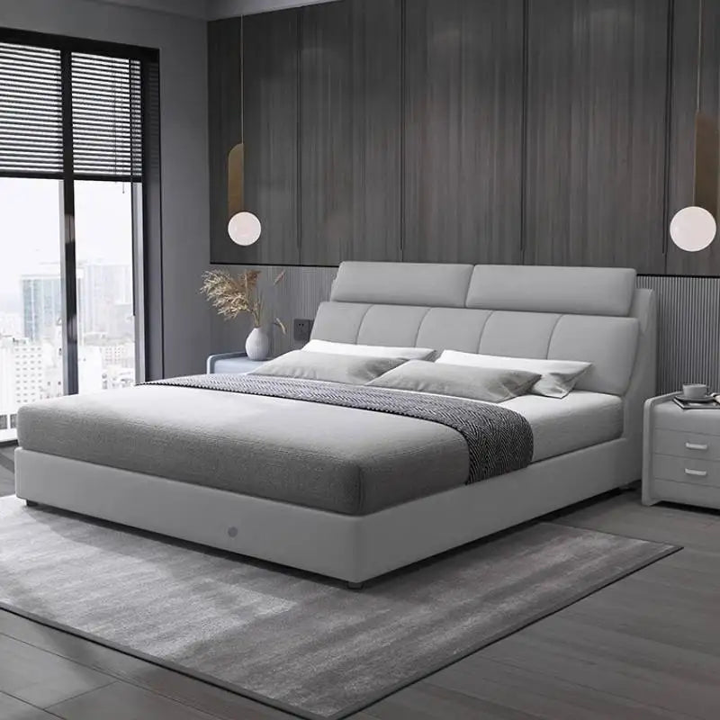 lit moderne bois gris clair rangement oreillers couvre lit tapis 150cm 180cm 200cm chambre