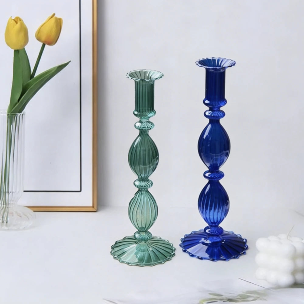 bougeoirs verre transparent rayures horizontales classiques or doré rose bleu vert noir