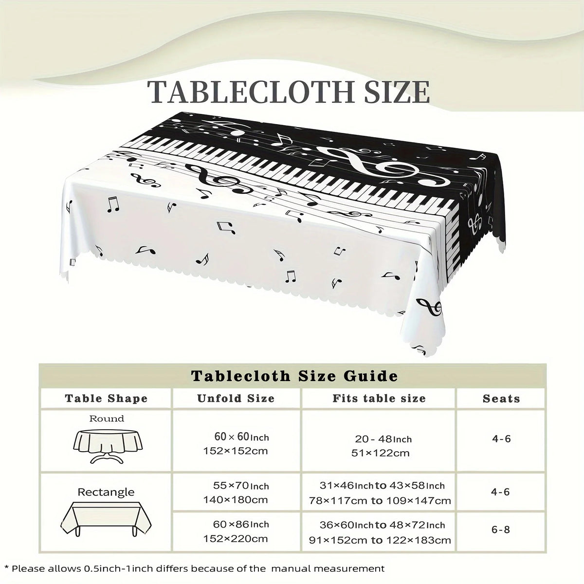 nappe table rectangulaire imperméable piano notes musicales moderne assiettes verres couverts opaques réutilisable polyester