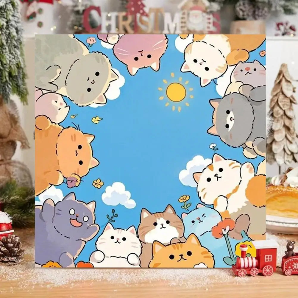 tableau mural illustration cartoon chats mignons couleurs bleu blanc orange gris rose vert