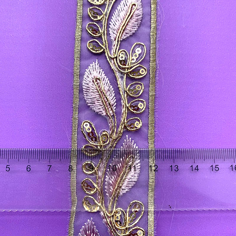 ruban dentelle violet blanc rose feuilles stylisées broderie dorée transparent classique élégant 10cm large