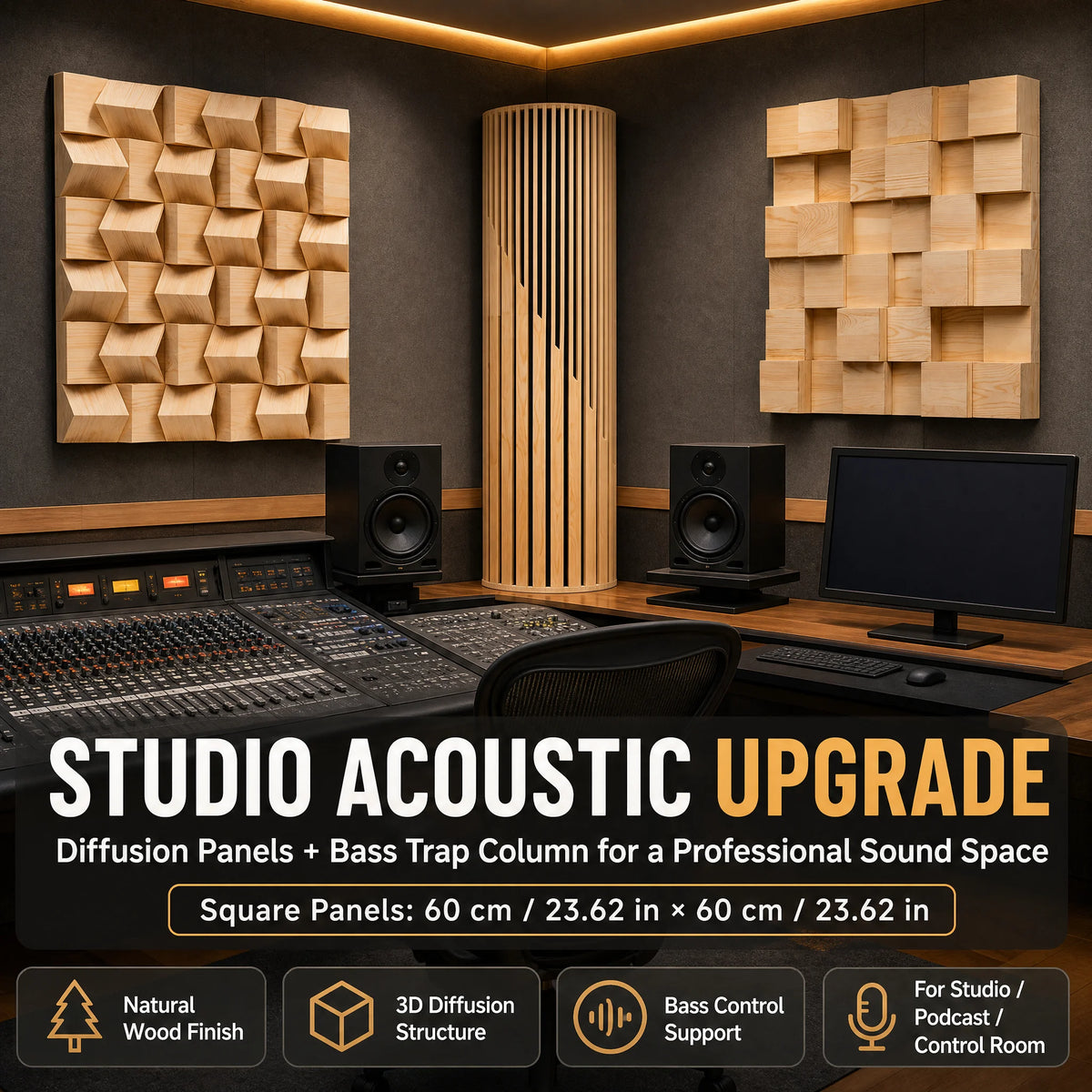 diffuseur acoustique bois moderne cubes relief 60cm 60cm opacité chambre cinema living room soundproofing