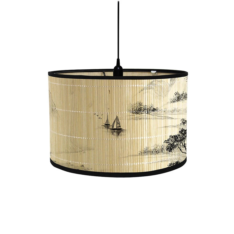 abat jour bambou imprimé floral vintage tringle beige noir oriental traditionnel