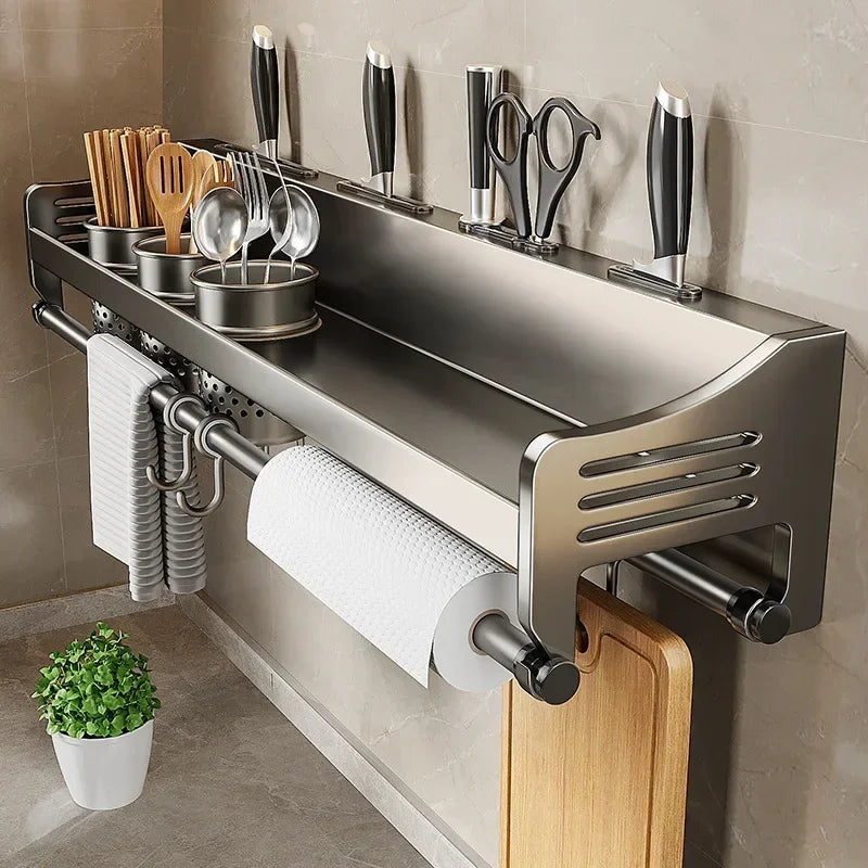 étagère murale métal argenté moderne fixations vis porte serviette couteau spatule couverts gobelet bouteille