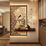 tableau mural oriental floral oiseaux géométrique bois opaque beige noir vert blanc