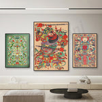 Une collection d'œuvres d'art colorées et ornementales inspirées de l'art traditionnel asiatique, montrant des motifs complexes et des personnages fantastiques.