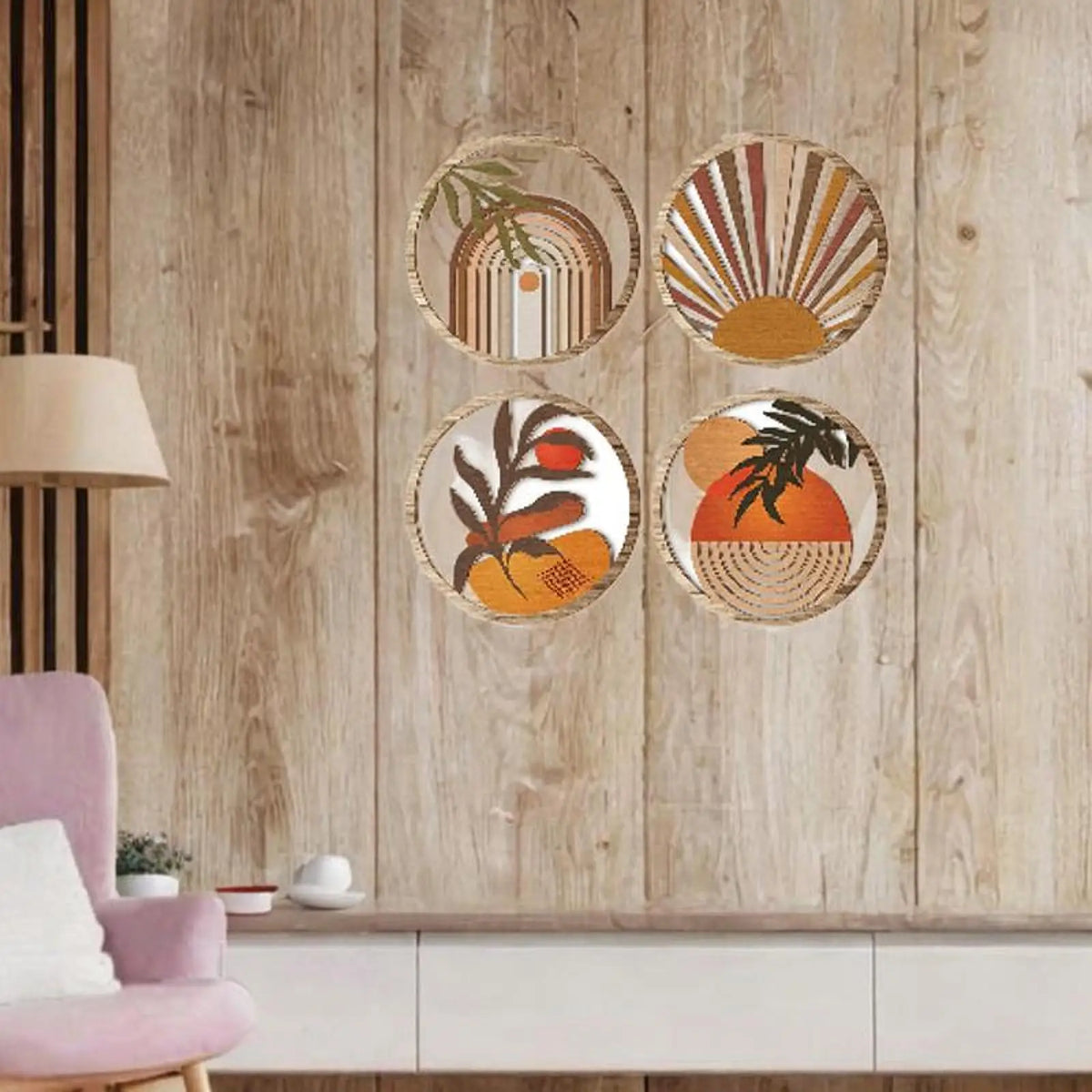 Cadres decoratifs bois abstraits geometriques moderne minimaliste marron beige orange vert chambre salon farmhouse