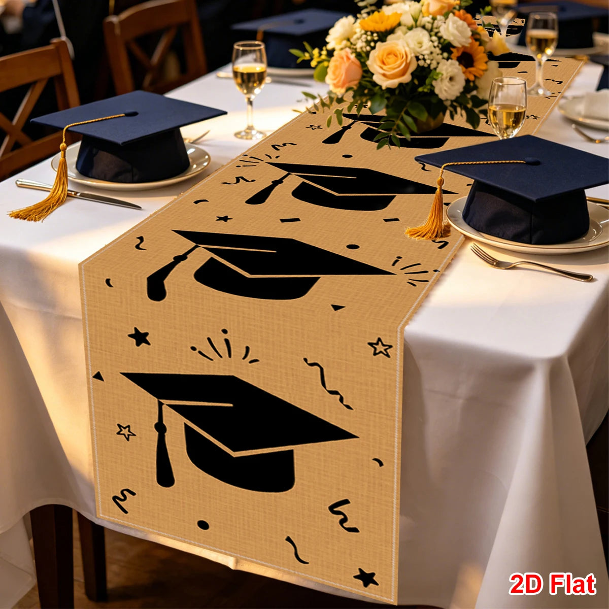 nappe table cérémonie remise diplômes motif chapeaux étoiles abstrait décoration fête graduation beige noir