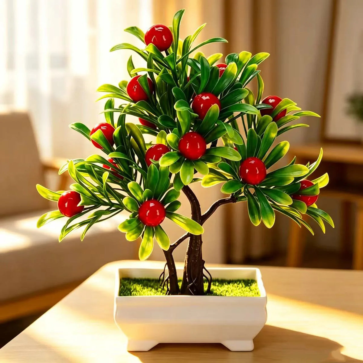 décoration intérieure arbre artificiel bonsaï pot blanc feuilles vertes fruits rouges tronc brun