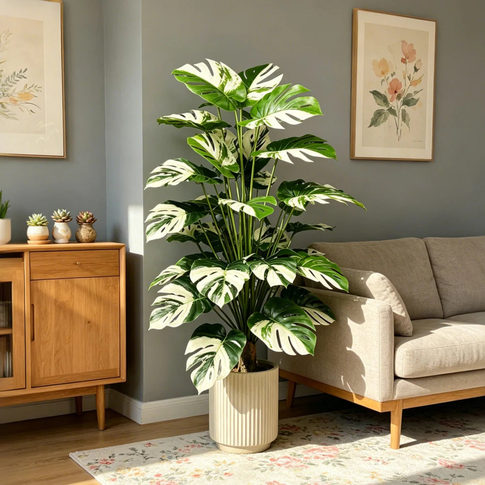 plante artificielle monstera grande feuilles vertes blanches moderne 95 cm 65 cm décoration mariage