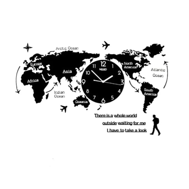 horloge murale moderne carte monde colorée aiguilles blanches textes noirs bleu noir transparent