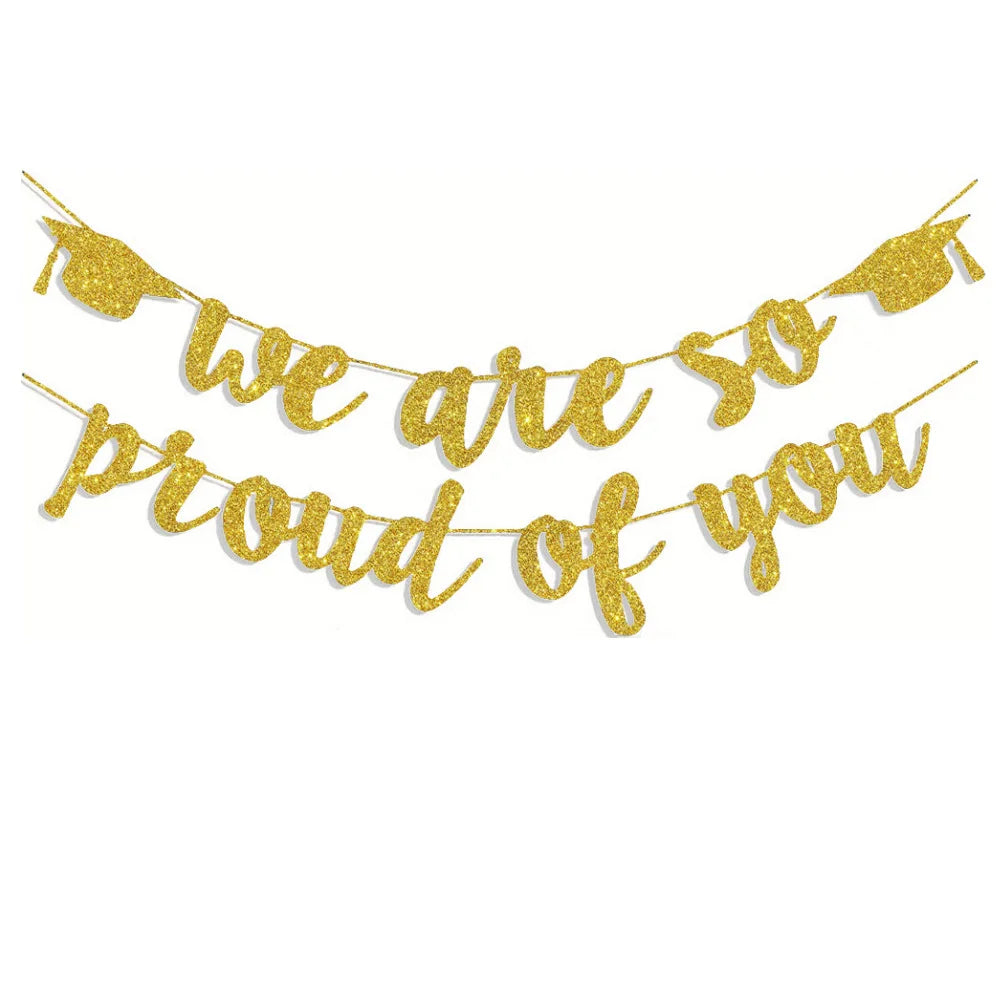 guirlande décorative graduation rose pailleté or pailleté lettres calligraphiées chapeaux diplômés paillettes apparentes festivité