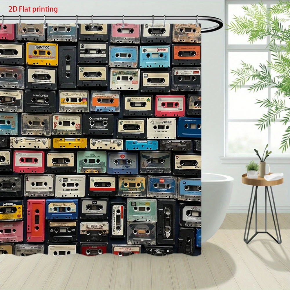 rideau douche rétro motif cassettes audio multicolore polyester opacité crochets métalliques vintage 180x180cm machine