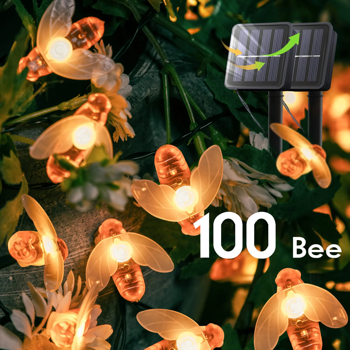 guirlande lumineuse solaire extérieur forme abeille décorative jardin terrasse étanche led orange blanc