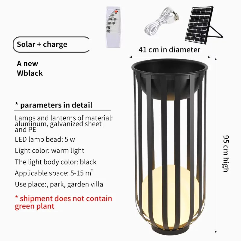 lampe solaire extérieure moderne noire rayures verticales support plante décorative